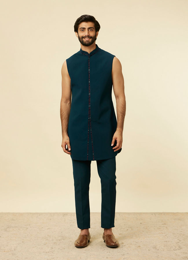 alt message - Manyavar Men Dark Blue-Teal Blue Indo Western Set image number 2